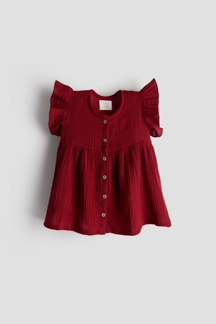 Baby Girl Frock with Flutter Sleeves | Organic Muslin Cotton | Berry Royale | 0-24M