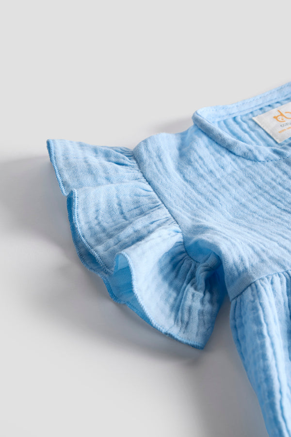 Baby Girl Frock with Flutter Sleeves | Organic Muslin Cotton | Bluebell Skies | 0-24M