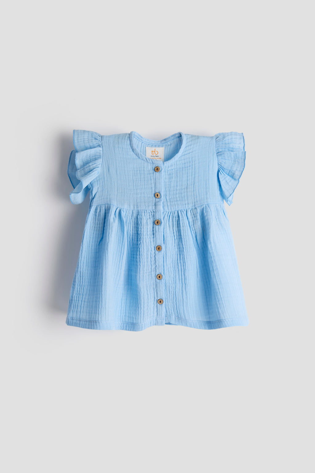 Light blue checkered dress with ruffled sleeves on a light gray background