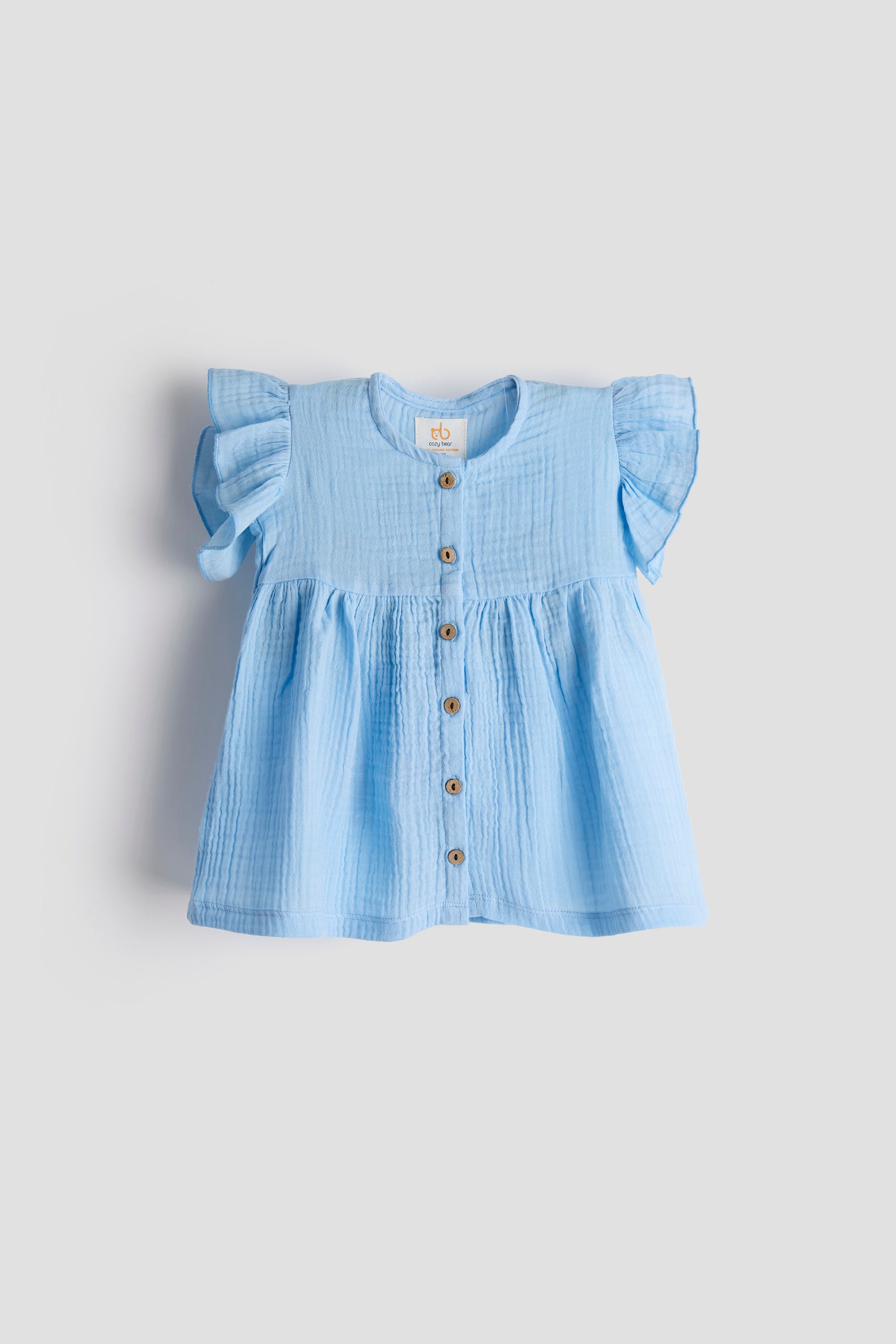 Light blue checkered dress with ruffled sleeves on a light gray background