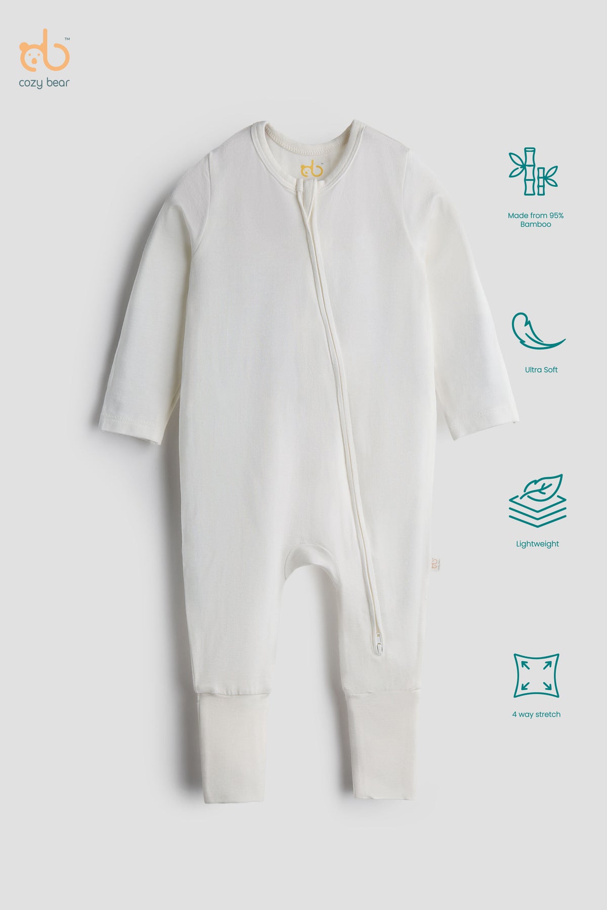 A baby long-sleeve footless zip-up sleeper in off-white, displayed on a light gray background with feature icons on the right side. The brand logo 'coco bear' is visible in the top left corner.