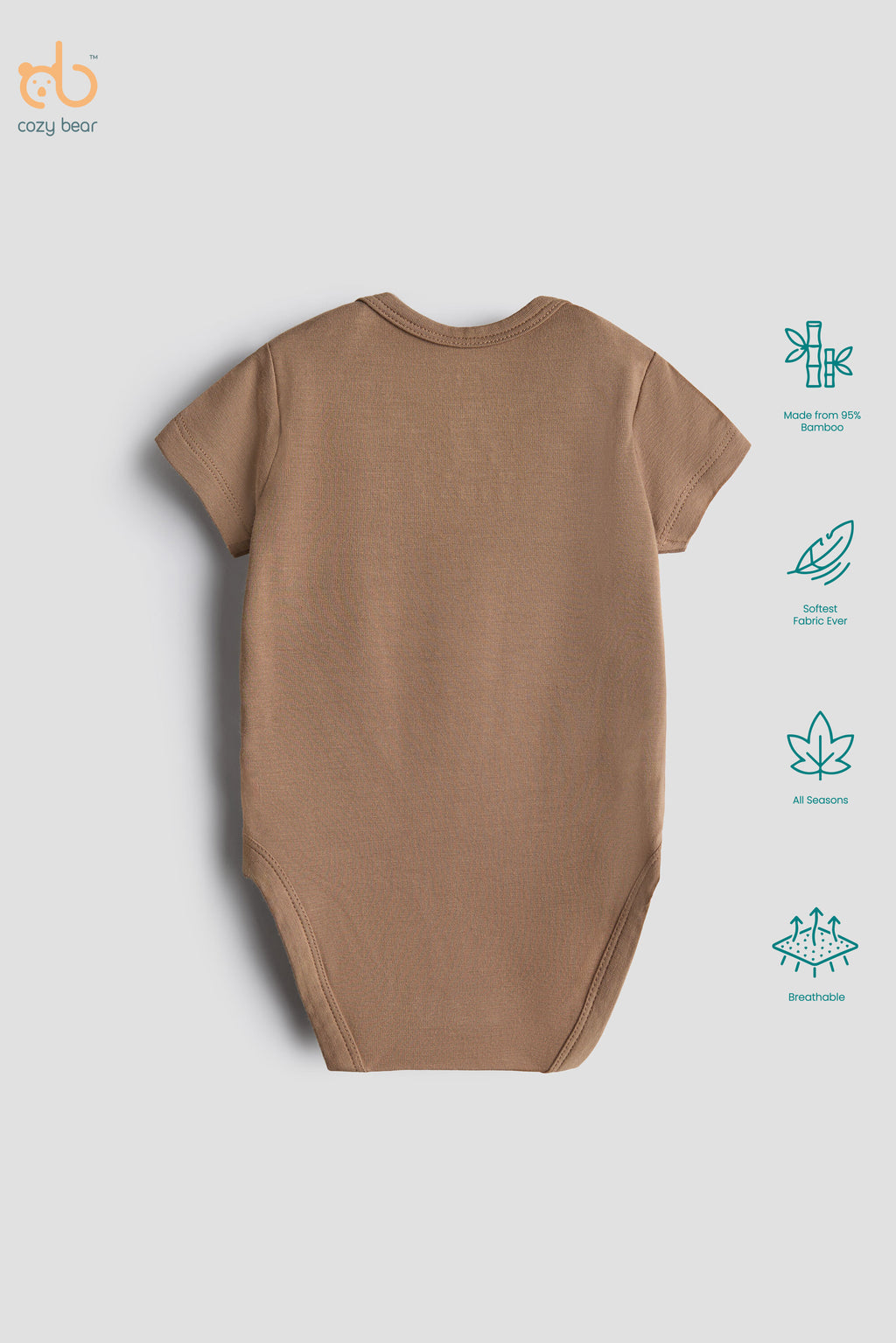 A short-sleeve baby bodysuit shown from the back in a warm tan color, displayed on a light gray background with product feature icons on the right side.