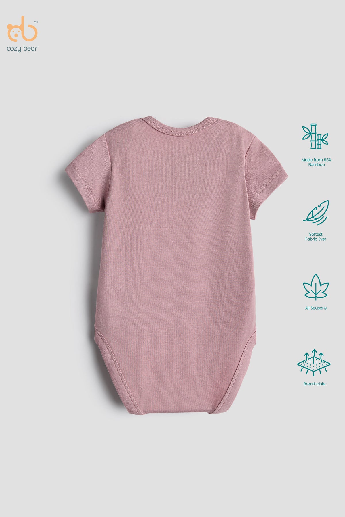 A dusty pink short-sleeve baby bodysuit shown from the back on a light gray background, with feature icons on the right side.