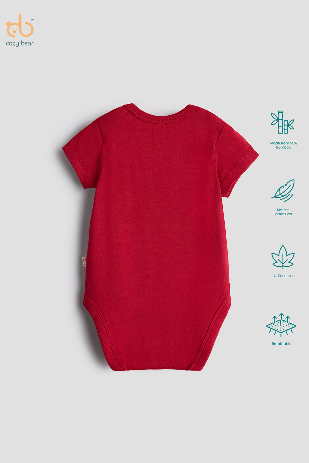 A red short-sleeve baby bodysuit shown from the back on a light gray background, with small teal feature icons along the right side and a 'cozy bear' logo in the top left corner.