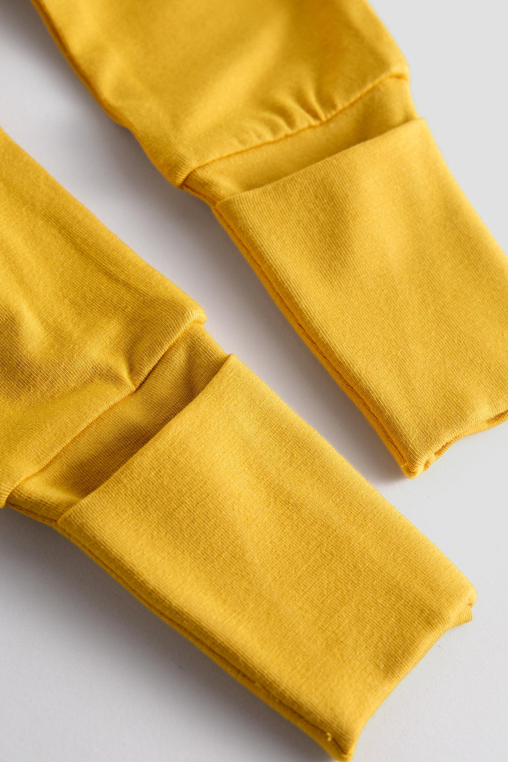 Close-up of mustard yellow fabric cuffs, likely from a sweater or jacket, laid flat on a light gray background.