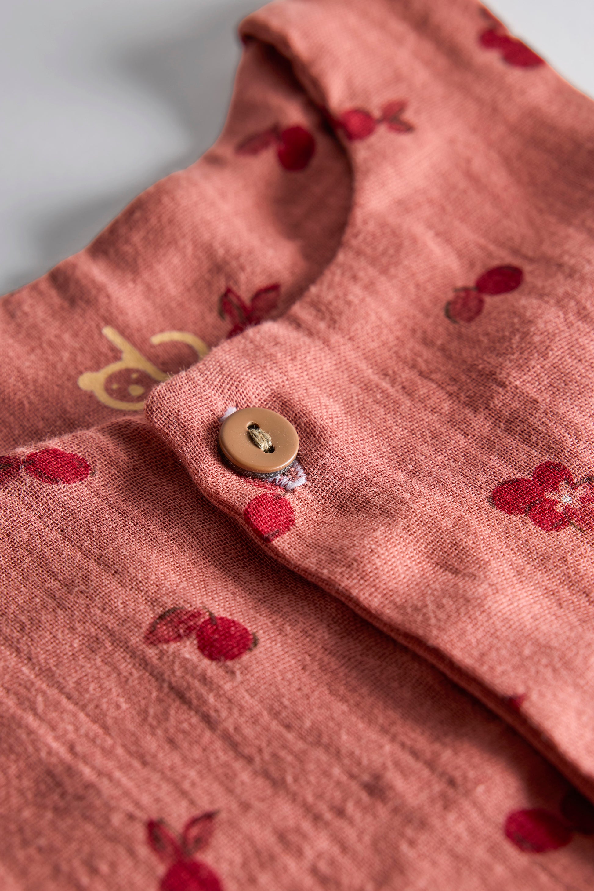 Close-up of a pink fabric with red cherry patterns and a button on a light gray background