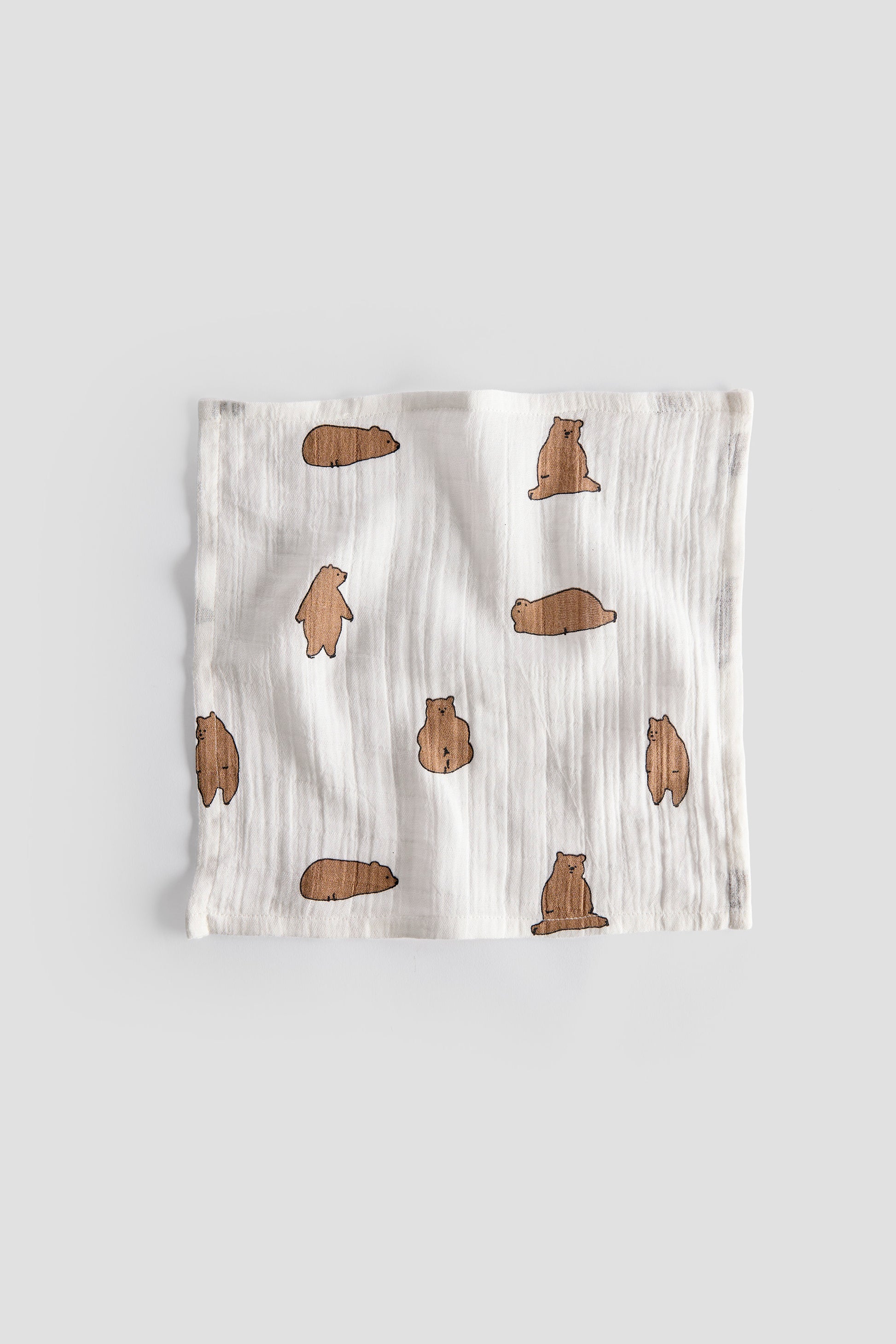 Baby blanket with brown bear pattern on a light gray background
