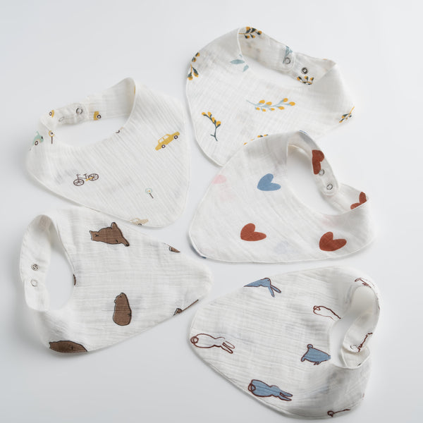 Baby Bibs Set of 5 | Organic Muslin Cotton | Absorbent & Soft | 0-24 M