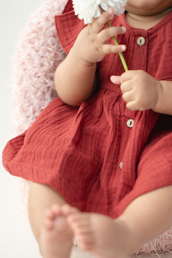 Baby Girl Frock with Flutter Sleeves | Organic Muslin Cotton | Berry Royale | 0-24M