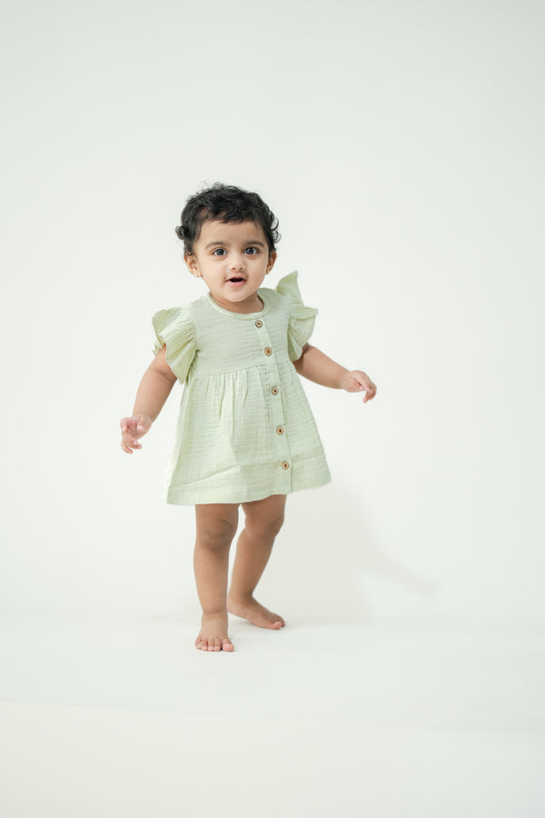 Baby Girl Frock with Flutter Sleeves | Organic Muslin Cotton | Mint Meadow | 0-24M