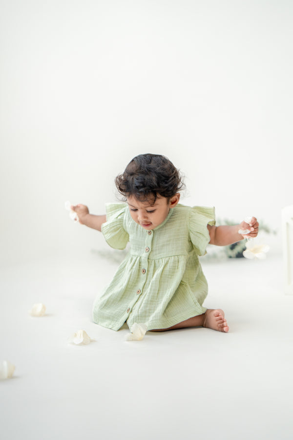 Baby Girl Frock with Flutter Sleeves | Organic Muslin Cotton | Mint Meadow | 0-24M