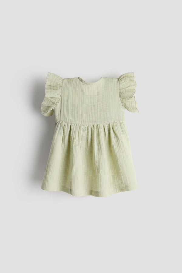 Baby Girl Frock with Flutter Sleeves | Organic Muslin Cotton | Mint Meadow | 0-24M