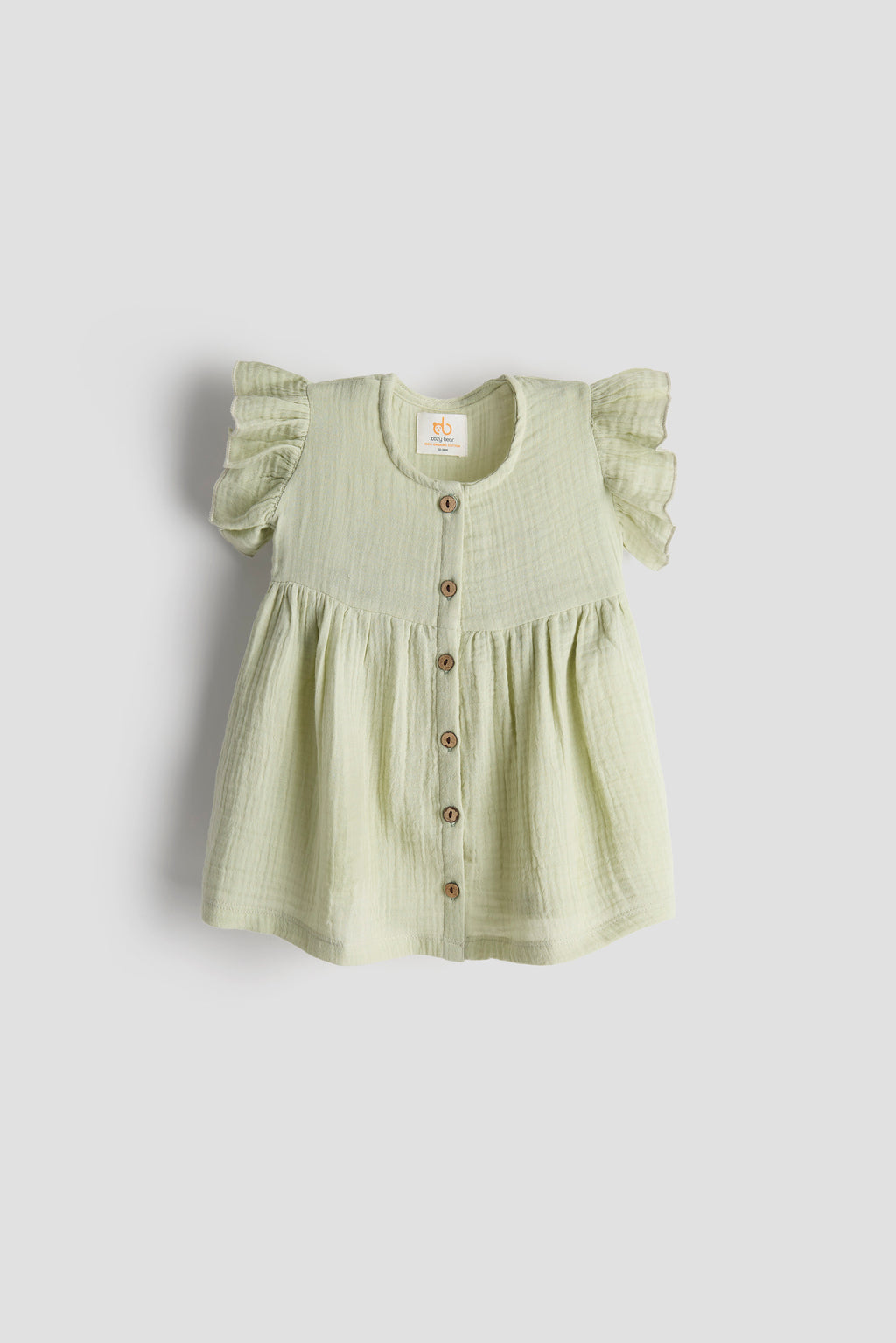 Light green baby dress with ruffled sleeves on a white background