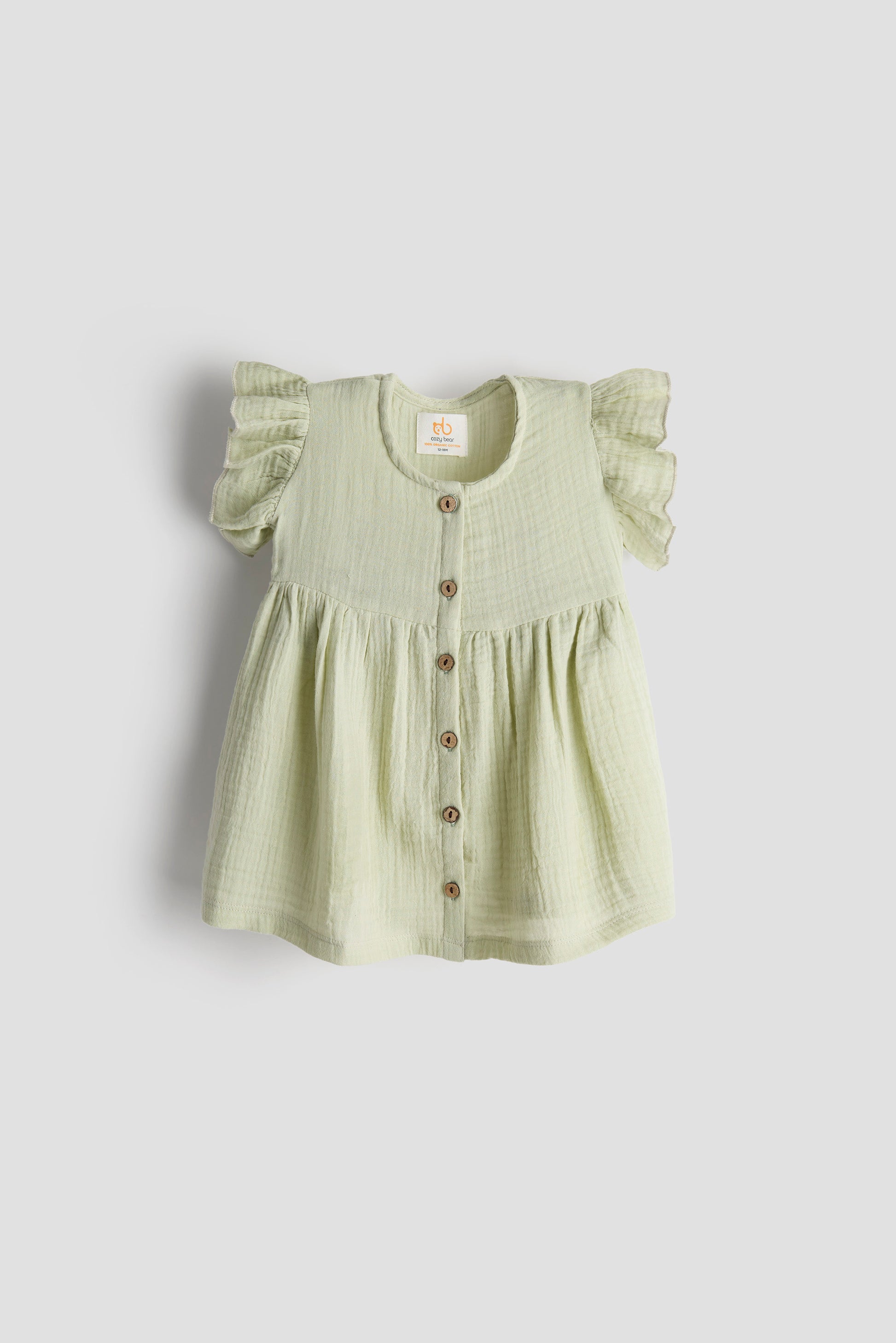Light green baby dress with ruffled sleeves on a white background