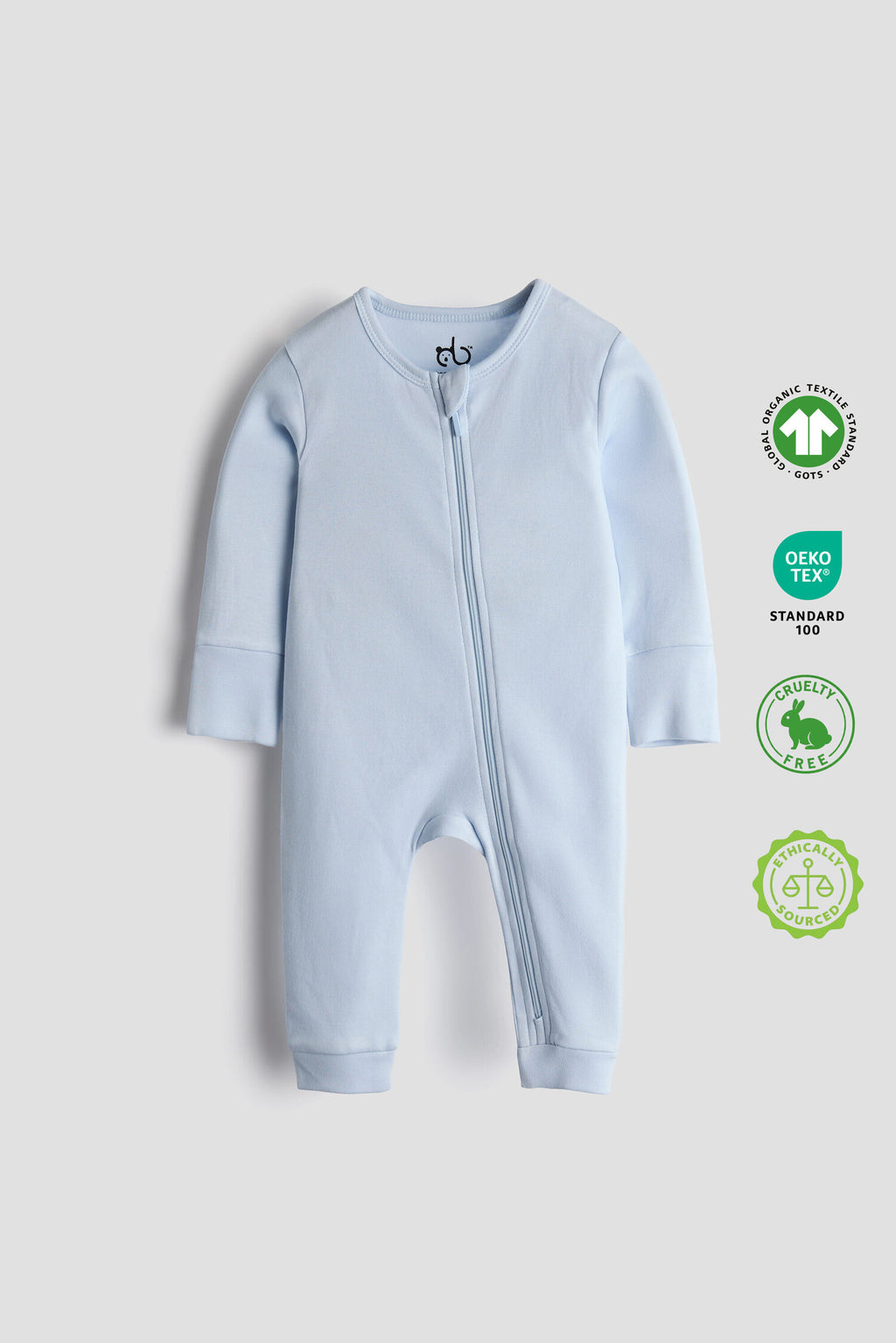 Cloud blue organic cotton baby sleep suit with zipper, certified safe and ultra-soft by Cozy Bear.