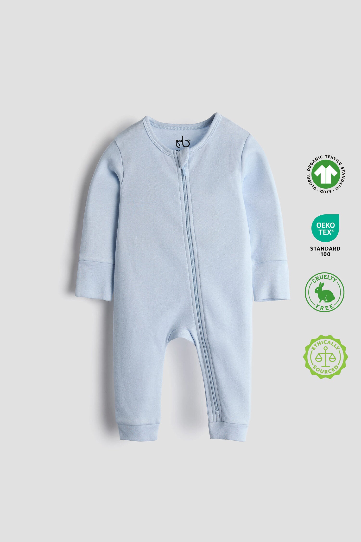 Cloud blue organic cotton baby sleep suit with zipper, certified safe and ultra-soft by Cozy Bear.
