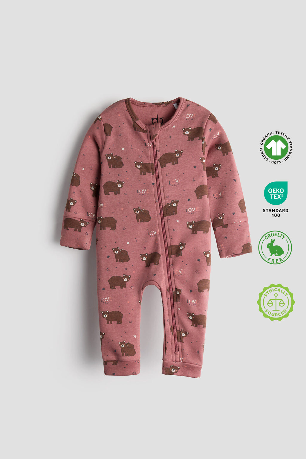 Berry-colored organic cotton baby sleep suit with cute bear print and zipper, by Cozy Bear.
