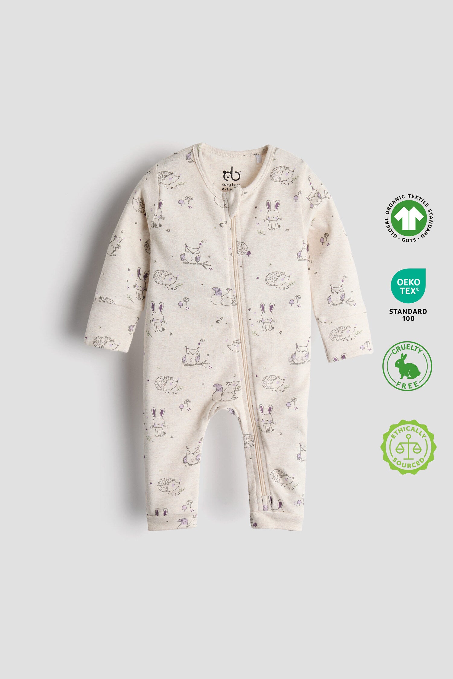 Cream organic cotton baby sleep suit with forest animal print and zipper, certified safe by Cozy Bear.