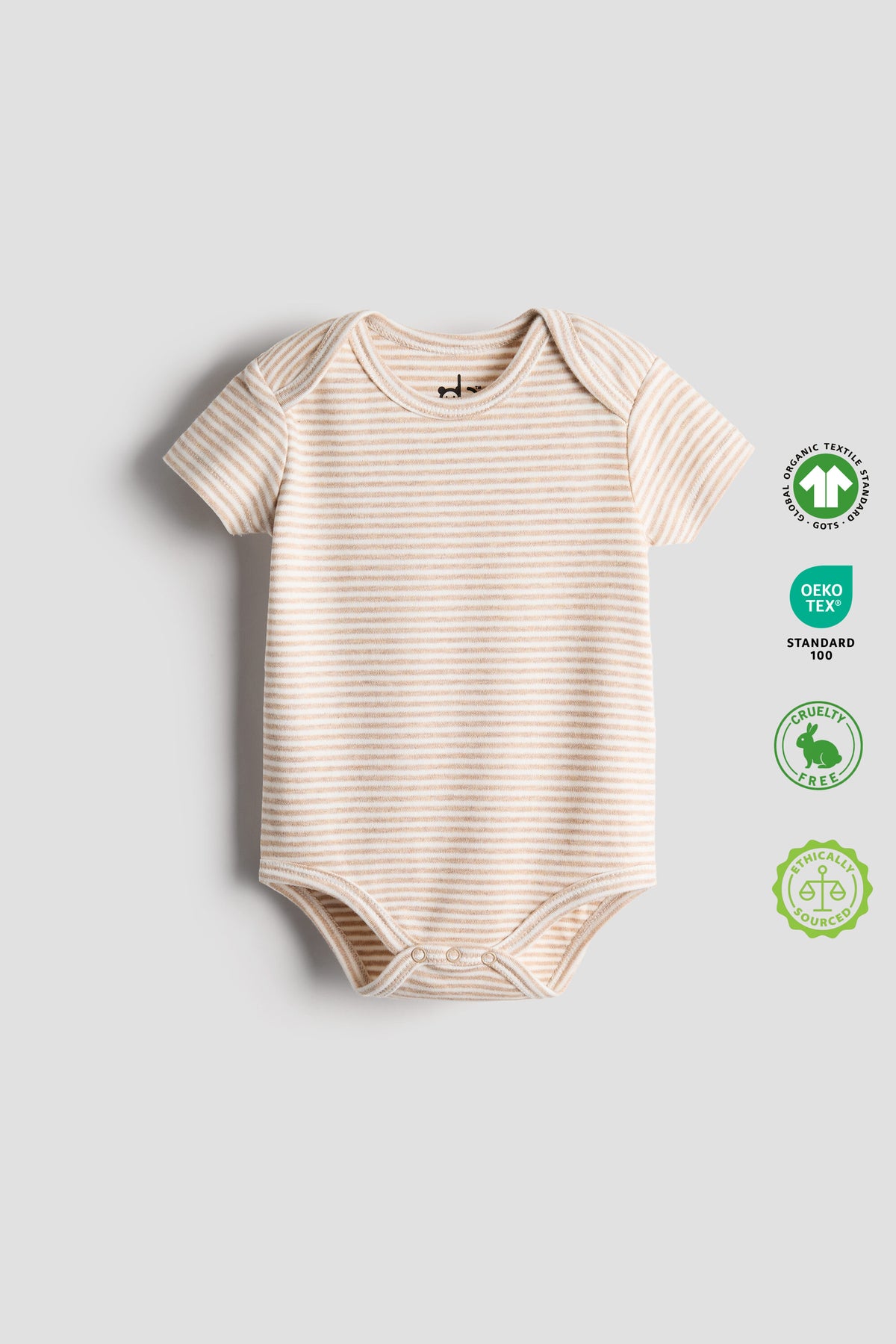 Beige striped baby bodysuit on a light gray background