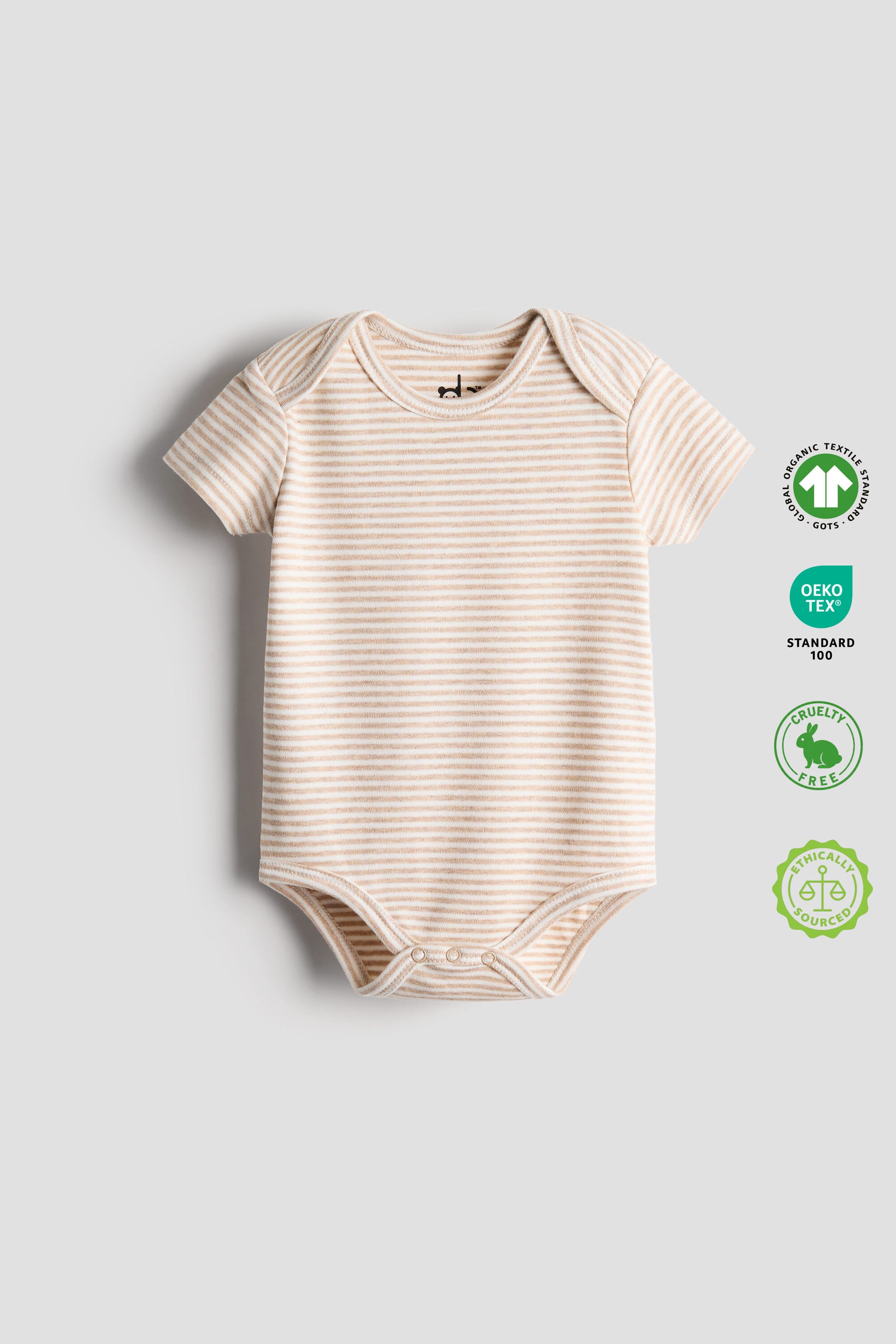 Beige striped baby bodysuit on a light gray background