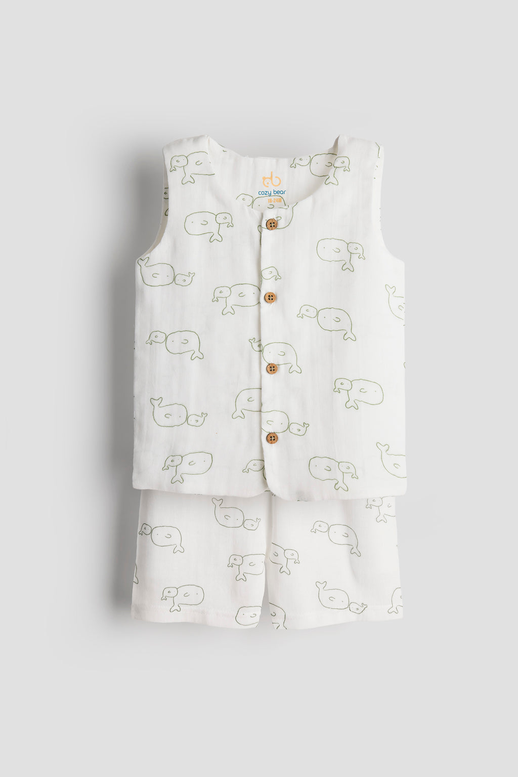 Children's sleeveless top and pants set with elephant pattern on a light gray background
