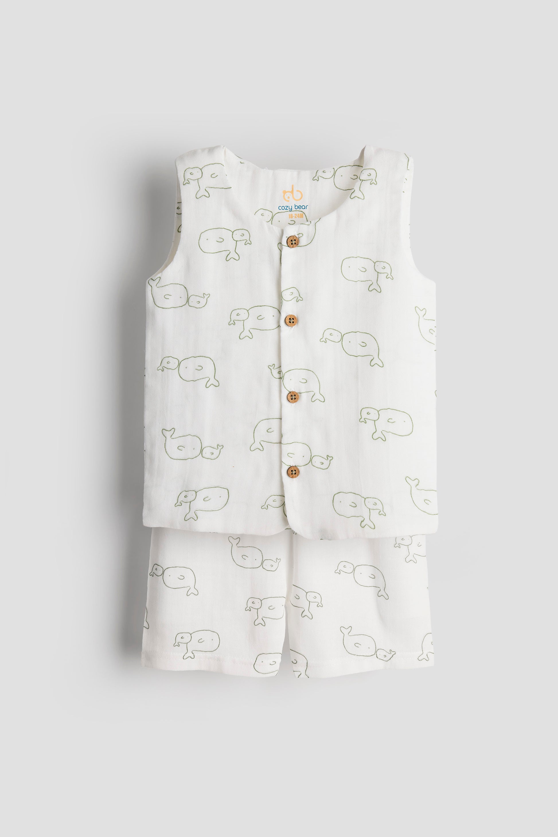Children's sleeveless top and pants set with elephant pattern on a light gray background