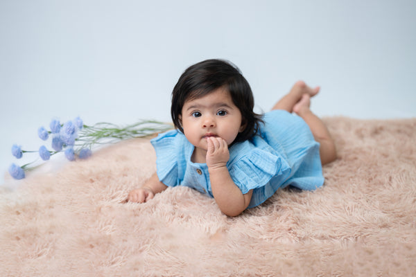 Baby Girl Frock with Flutter Sleeves | Organic Muslin Cotton | Bluebell Skies | 0-24M